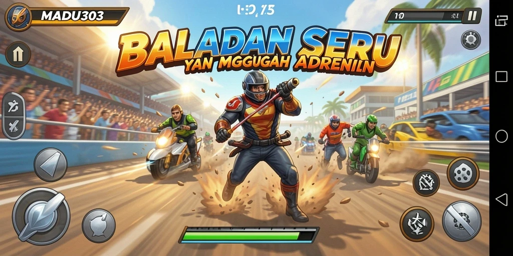 Gameplay seru dari MADU303 yang penuh aksi balapan.