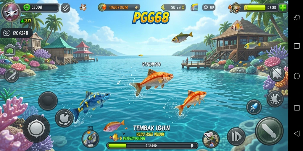 Screenshot PGG68 menampilkan aksi menembak ikan yang seru dan penuh warna.